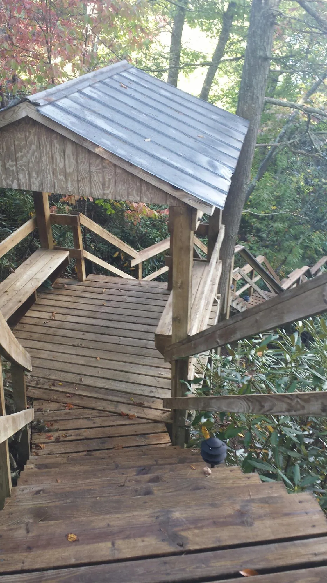 Metal roofed shelter over wooden steps on a wooded walkway — Skylight Repair & Installation work by our crew in Belews Creek